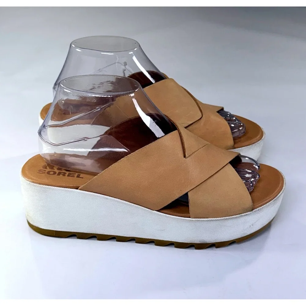 Sorel Cameron Flatform Sandal Womens 8.5 Tan Beige Leather Crisscross Boho Slide